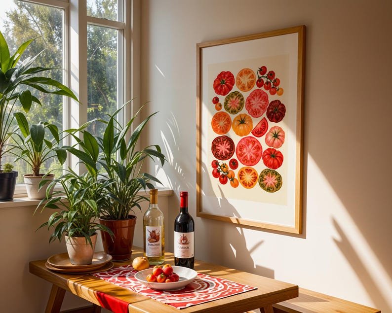 May include: A framed wall print featuring a colorful illustration of various sliced and whole tomatoes in shades of red, orange, yellow, and green, displayed on a light-colored wall above a wooden table with wine bottles and plants.