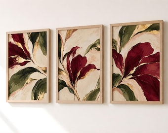 Set of 3 Burgundy Botanical Prints, Abstract Floral Wall Art, Olive Green Gold Leaf Posters, Maroon Gallery Wall Set, Living Room Decor
