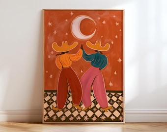 Moon Girls Dancing Wall Art, Boho Cowgirl Poster, Terracotta Crescent Moon Print, Whimsical Folk Illustration, Celestial Stars Decor