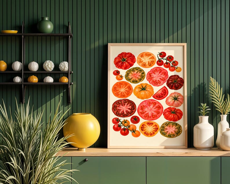 May include: A framed wall art print featuring a collection of various tomatoes in shades of red, orange, yellow, and green. The illustration displays whole tomatoes, sliced cross-sections, and small clusters on the vine against a cream background.