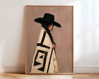 Western Woman Wall Art Poster, Black Cowboy Hat Print, Boho Geometric Blanket Portrait, Dusty Rose Oil Painting Style, Southwestern Decor