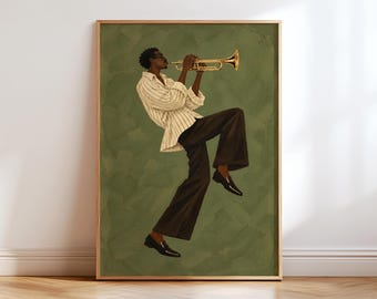 May include: A framed wall art print featuring an illustration of a person playing a gold trumpet. The figure wears a white pinstriped button-down shirt, dark brown trousers, and black loafers, set against a textured olive green background.