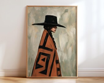 Western Woman Portrait Wall Art, Wide Brim Black Hat Poster, Boho Cowgirl Oil Painting Print, Rust Orange Geometric Blanket