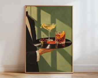 May include: A framed art print depicting a person in a black tuxedo jacket holding a black vinyl record as a serving tray. On the record sits a stemmed cocktail glass with a lemon twist, a rocks glass with an orange slice, and a small bowl of cherries.