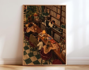 May include: A framed art print depicting a dimly lit record bar with a checkerboard floor. Three patrons sit at a wooden counter while a person behind the bar selects a vinyl record from shelves filled with albums under green pendant lamps.