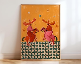 Folk Art Cowboys on Horseback Poster, Orange and Pink Sombrero Riders Wall Art, Retro Western Print, Checkered Floor Maximalist Decor