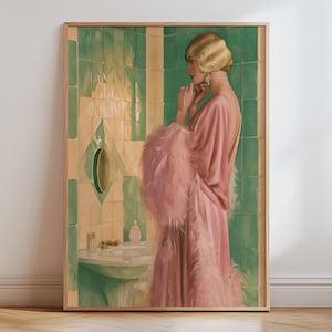 Art Deco Woman Poster, 1920s Glamour Wall Art, Pink Feather Robe Print, Vintage Flapper Illustration, Green Tiled Bathroom, Gatsby Style