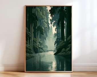 May include: A vertical rectangular wall art print featuring a dark forest landscape with towering evergreen trees flanking a calm river. A small bridge spans the water in the distance, and the scene is rendered in deep shades of green and muted beige.