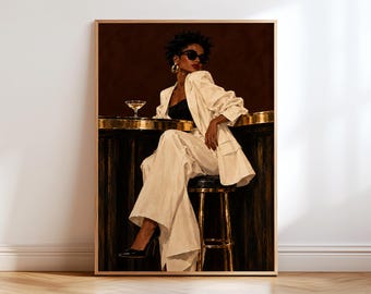 Black Woman Cocktail Bar Painting, Elegant Fashion Wall Art, Cream Suit Portrait Poster, Gold Bar Stool, Glamorous Art Deco Print