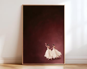 Ballerina Wall Art, Burgundy Ballet Dancer Poster, Two Dancers in White Tutu Dresses, Dark Red Oil Painting Style Print, Dance Studio Decor