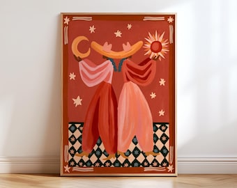 Sun and Moon Sisters Wall Art, Celestial Cowgirl Poster, Boho Gallery Wall Print, Red Pink Bohemian Western Illustration, Bedroom Decor