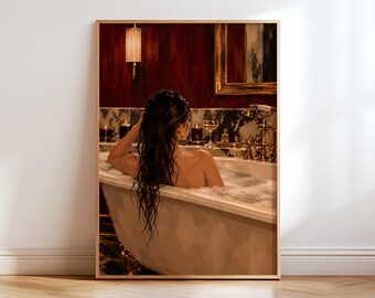 May include: A framed wall art print depicting a person with long dark hair sitting in a white clawfoot bathtub filled with bubbles. The bathroom features deep red walls, a gold-framed mirror, a brass faucet, and lit candles on the ledge.