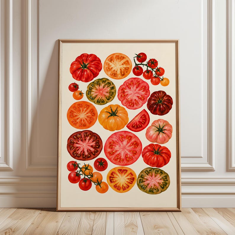 Heirloom Tomato Print, Watercolour Vegetable Wall Art, Kitchen Poster, Colourful Tomato Illustration, Botanical Food Art for Kitchen Decor image 1