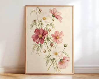 May include: A framed botanical print featuring a cluster of cosmos flowers in shades of deep magenta, soft pink, and white. The illustration includes delicate green foliage and small flower buds, all set against a light cream background.