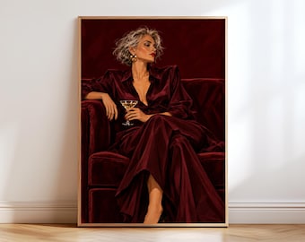 Burgundy Fashion Illustration Wall Art, Elegant Woman Martini Poster, Vintage Glamour Print, Cocktail Bar Decor, Living Room Art Print