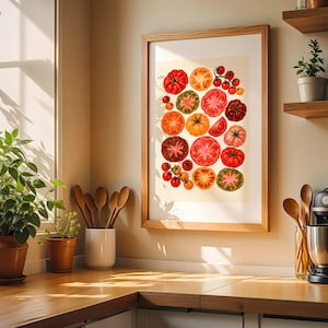 May include: A framed wall art print featuring a collection of various heirloom tomatoes in shades of red, orange, yellow, and green, displayed in whole and sliced forms against a light cream background within a light wood frame.