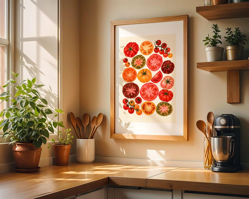 May include: A framed wall art print featuring a collection of various heirloom tomatoes in shades of red, orange, yellow, and green, displayed in whole and sliced forms against a light cream background within a light wood frame.