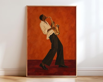 May include: A framed wall art print depicting a person playing a gold saxophone. The figure wears a white button-down shirt with thin vertical stripes and dark trousers. The background is a solid, textured burnt orange color.