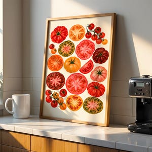 May include: A framed wall art print featuring a collection of various tomatoes in shades of red, orange, yellow, and green. The illustration displays whole tomatoes, sliced cross-sections, and small clusters on the vine against a cream background.