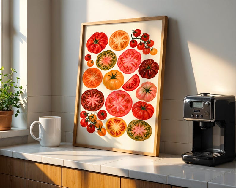 May include: A framed wall art print featuring a collection of various tomatoes in shades of red, orange, yellow, and green. The illustration displays whole tomatoes, sliced cross-sections, and small clusters on the vine against a cream background.