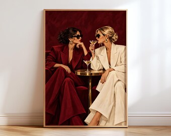 Martini Wall Art, Two Women Fashion Poster, Burgundy and Cream Print, Cocktail Bar Decor, Chic Oil Painting Style, Living Room Gallery Wall