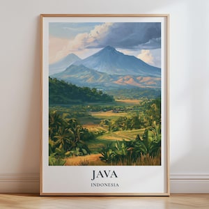 May include: A framed vertical art print featuring a landscape painting of a mountain range in Java, Indonesia. The scene depicts lush green valleys, terraced fields, and palm trees under a cloudy sky. The text JAVA INDONESIA is printed below.