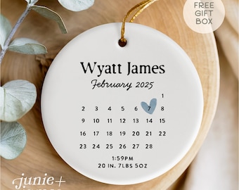 Baby Boy Birth Stats Calendar Ornament - Baby Boy Ornament - Minimal Classic Baby Gift - Custom Birth Date Ornament