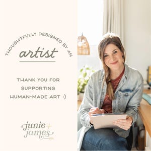 A woman sitting at a desk, smiling and holding a tablet, with text on the left side that says "thoughtfully designed by an artist" and "Thank you for supporting human-made art" on the right side.