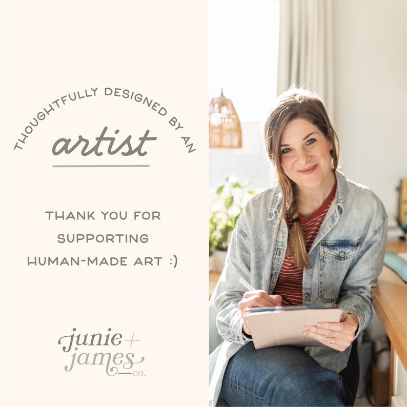 A woman sitting at a desk, smiling and holding a tablet, with text on the left side that says "thoughtfully designed by an artist" and "Thank you for supporting human-made art" on the right side.