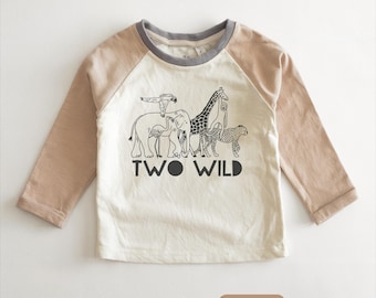 TWO WILD 2nd Birthday Raglan - Wild Animals Birthday Toddler Shirt - Cheetah Elephant Giraffe Birthday Toddler Long Sleeve