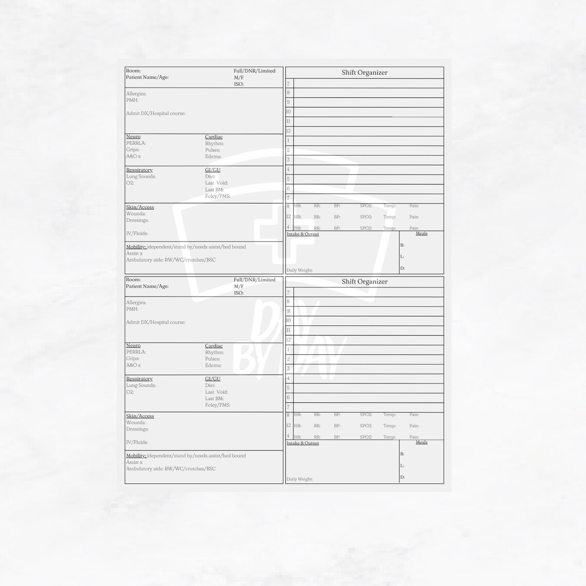 Nurse Report Sheet With Shift Organizer, Report Sheet and Hourly to Do