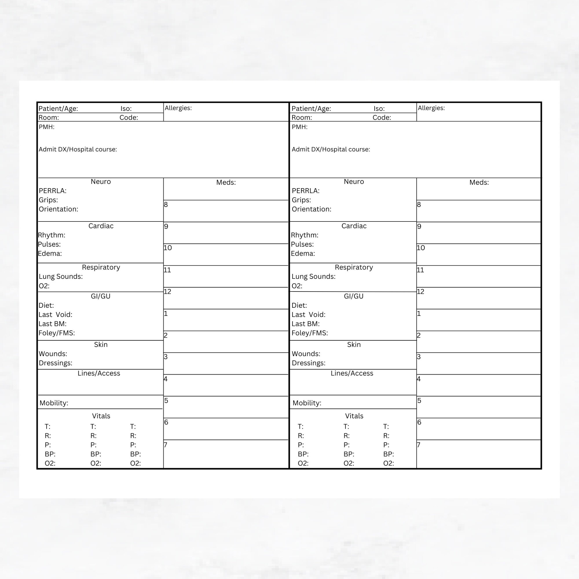 Nurse Report Sheet for 2 to 4 Patient, Medication to Do List, Icu, Pcu ...