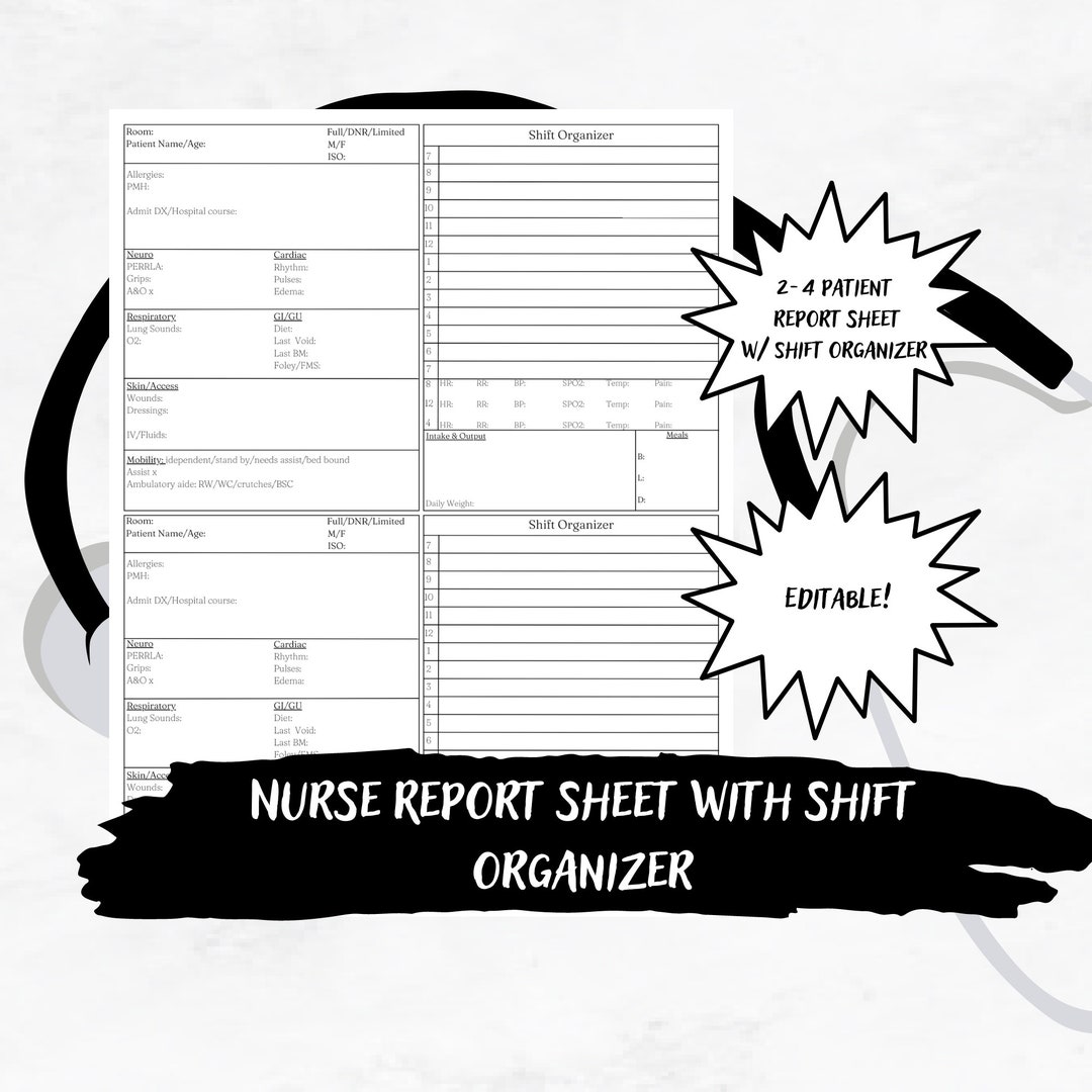Nurse Report Sheet With Shift Organizer, Report Sheet and Hourly to Do ...