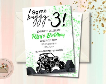 May include: A green and white birthday invitation with a black and white illustration of a buggy. The text on the invitation reads "Some buggy is 3!" and "Riley's Birthday".