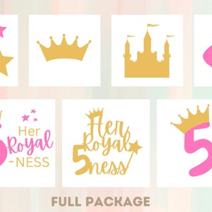 May include: A set of printable digital files for a 5th birthday party. The files include a princess crown, a castle, a princess silhouette, a wand, a number 5 with a crown, and two different designs that say "Her Royal-ness".