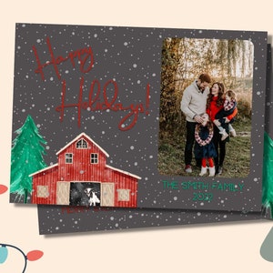 cartão com foto do Natal | Cartão de Natal editável | Cartão de Natal para impressão | cartão de Natal da foto | Fazenda | Vacas | Celeiro | Personalizado