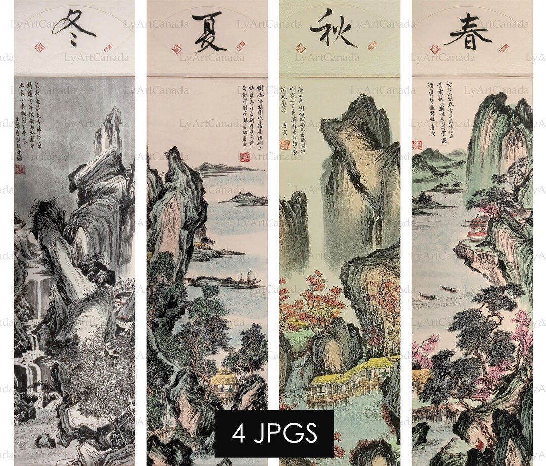 Set of 4 Digital Download, High Mountain and Waterfall in 4 Seasons ...