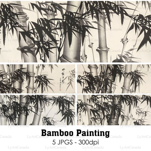 Set van 5 bamboe schilderij, bamboe kunst aan de muur, bamboe muur decor, bamboe kunst, oosterse Aziatische aquarel mooie Feng shui scroll muur kunst