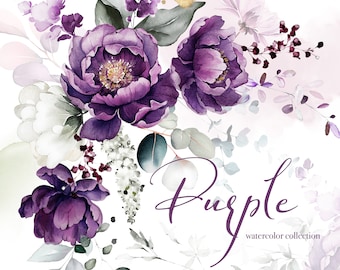Watercolor flower purple peony, roses, Lilac lavender floral garden Bouquets PNG Clipart, wedding digital wildflower green leaves herbs gold