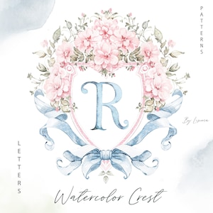 Fiocco rosa da sposa con stemma dell'acquerello, vintage oro, Grand millenario delicato fai da te carta digitale cornici alfabeto Clipart, lettere