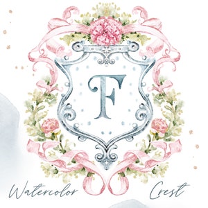 Watercolor crest Baby shower wedding  Pink and little flowers bow Grand millennial delicate DIY Digital paper Frames alphabet Clipart