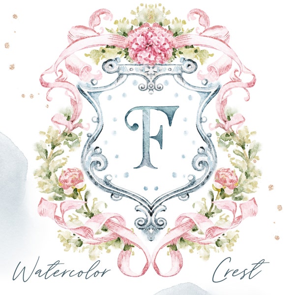 Watercolor crest Baby shower wedding  Pink and little flowers bow Grand millennial delicate DIY Digital paper Frames alphabet Clipart