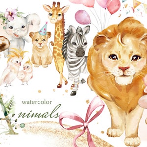 bambino acquerello animale, fiore tropicale rosa mazzi PNG Clipart, baby shower digitale foglie verdi, leone, zebra