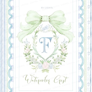 Cresta dell'acquerello Baby shower, verde, fiocco di fiori piccoli Grand millenario delicato fai da te carta digitale cornici alfabeto vivaio Clipart