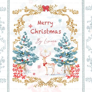 Könnte beinhalten: Eine Aquarell-Illustration einer Winterszene mit zwei schneebedeckten Kiefern, einem Reh mit roten Geweihen und einer roten Schleife und einem goldenen verzierten Rahmen mit dem Text "Merry Christmas By Lisima".