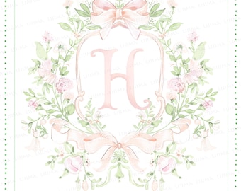 Watercolor crest Baby shower wedding Pink little flowers bow Grand millennial delicate DIY Digital paper Frames alphabet Clipart, nursery