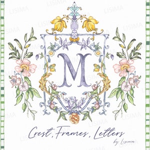 Aquarel crest bruiloft groen, botanisch vintage, Grand millennial delicaat DIY digitaal papier fotolijsten alfabet clipart, geel, roze