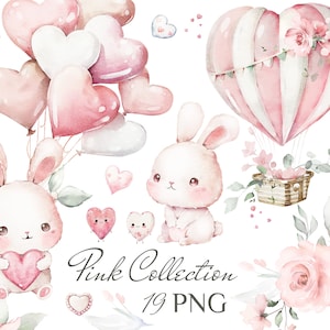 Bunny watercolor PNG, teddy cute clipart, baby animal, nursery decor, digital valentine's day, hot air balloon, hearts, Flowers