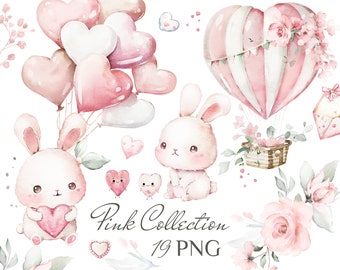 May include: A set of 19 watercolour illustrations featuring pink hearts, bunnies, flowers, and a hot air balloon. The illustrations are perfect for creating Valentine's Day cards, invitations, or other crafts.