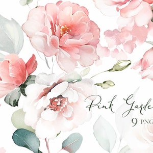 Aquarell Blumen rosa Rosen, Pfingstrosen, Blumengarten Blumensträuße PNG Clipart, Hochzeit digitale Wildblumen grüne Blätter Kräuter Lisima